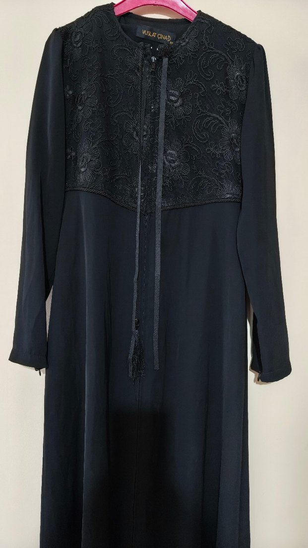 Siyah İş Ofis Uzun Kollu Nakışlı Elbise ferace - Görsel 2