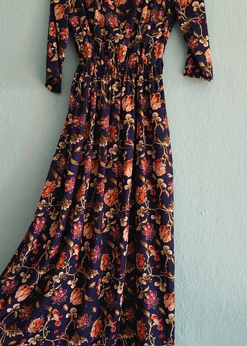 Uzun Desenli Bohem V Yaka Elbise - Görsel 3