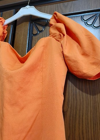 Turuncu Drapeli Straplez Uzun Elbise - Görsel 4