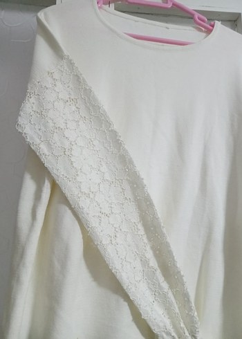 Dantel Detaylı Beyaz Uzun Kollu Triko Kazak - Görsel 2