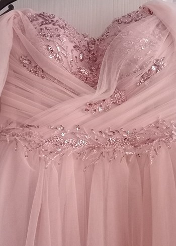 Pudra Pembe Uzun Drapeli Straplez Nişan Elbisesi - Görsel 3