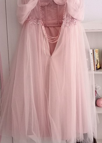 Pudra Pembe Uzun Drapeli Straplez Nişan Elbisesi - Görsel 2