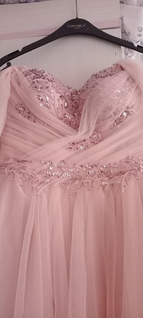 Pudra Pembe Uzun Drapeli Straplez Nişan Elbisesi - Görsel 3