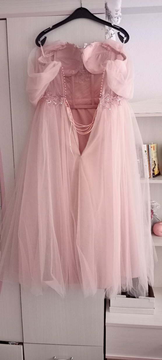 Pudra Pembe Uzun Drapeli Straplez Nişan Elbisesi - Görsel 2