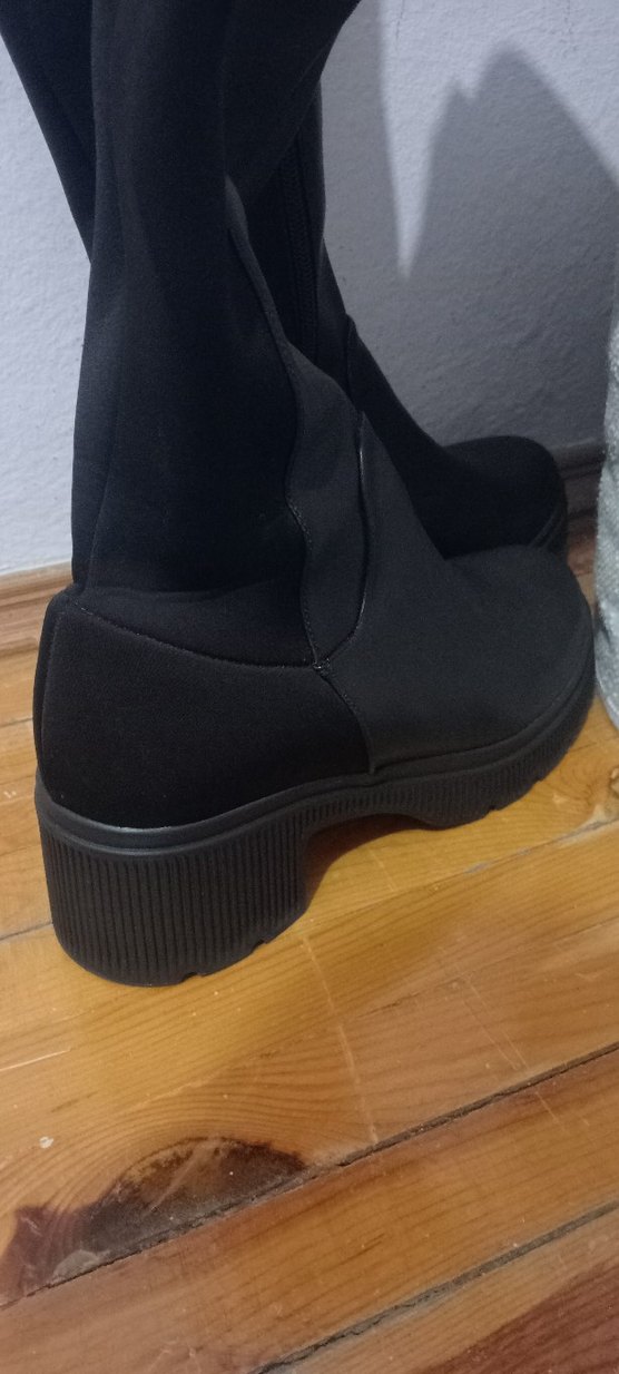 Siyah Çekme Deri Dizüstü Topuklu Çizme - Görsel 2