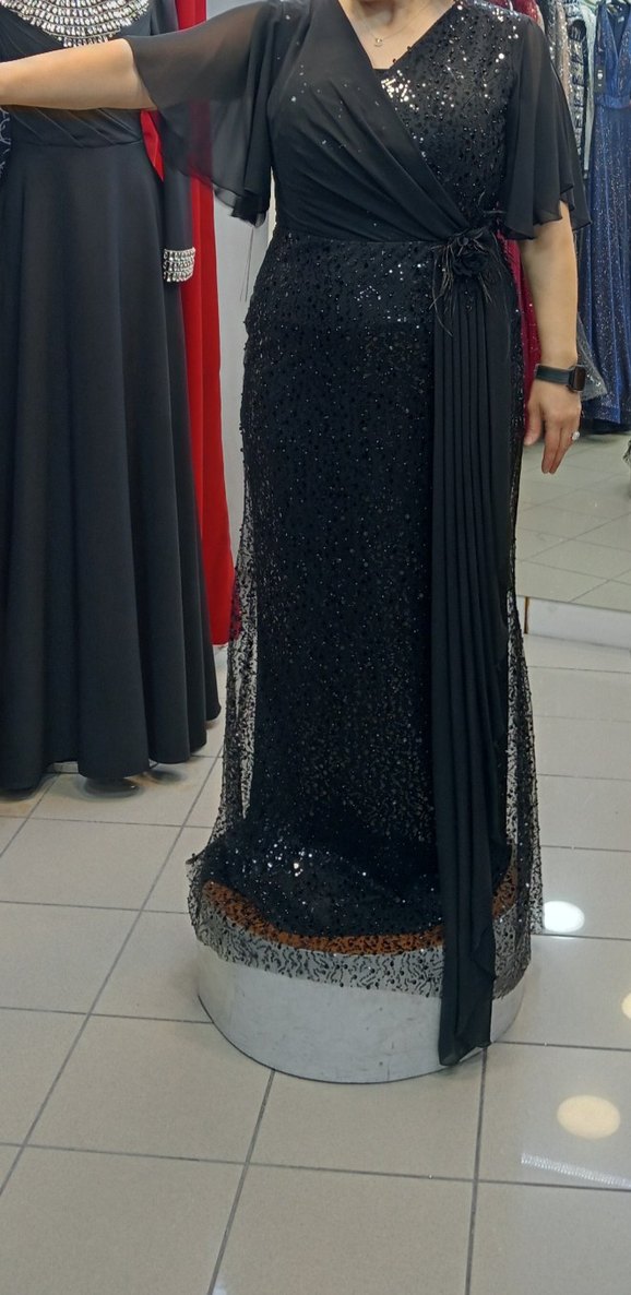 Siyah Drapeli Uzun Abiye Elbise - Görsel 2