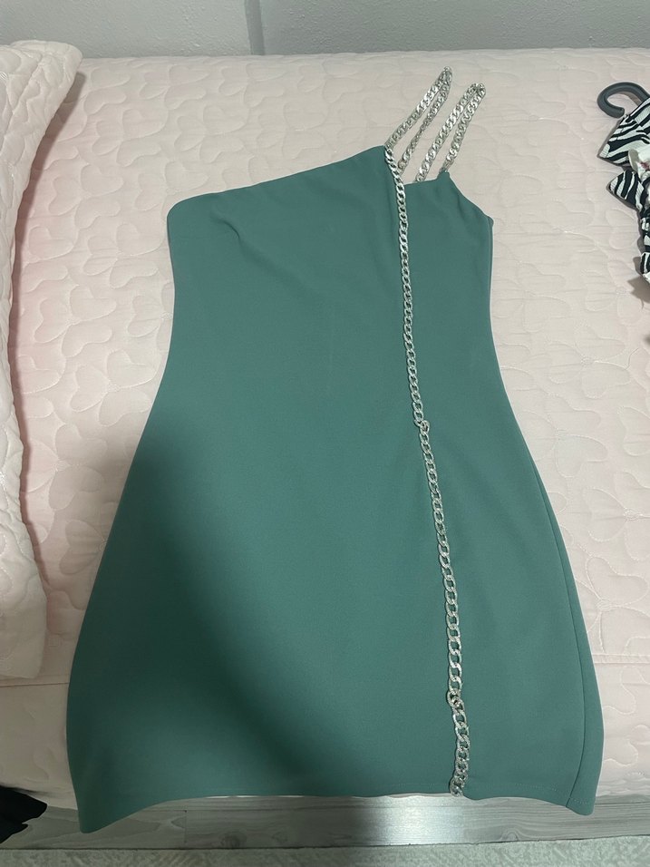 Turkuaz Halter Yaka Mini Elbise - Görsel 4