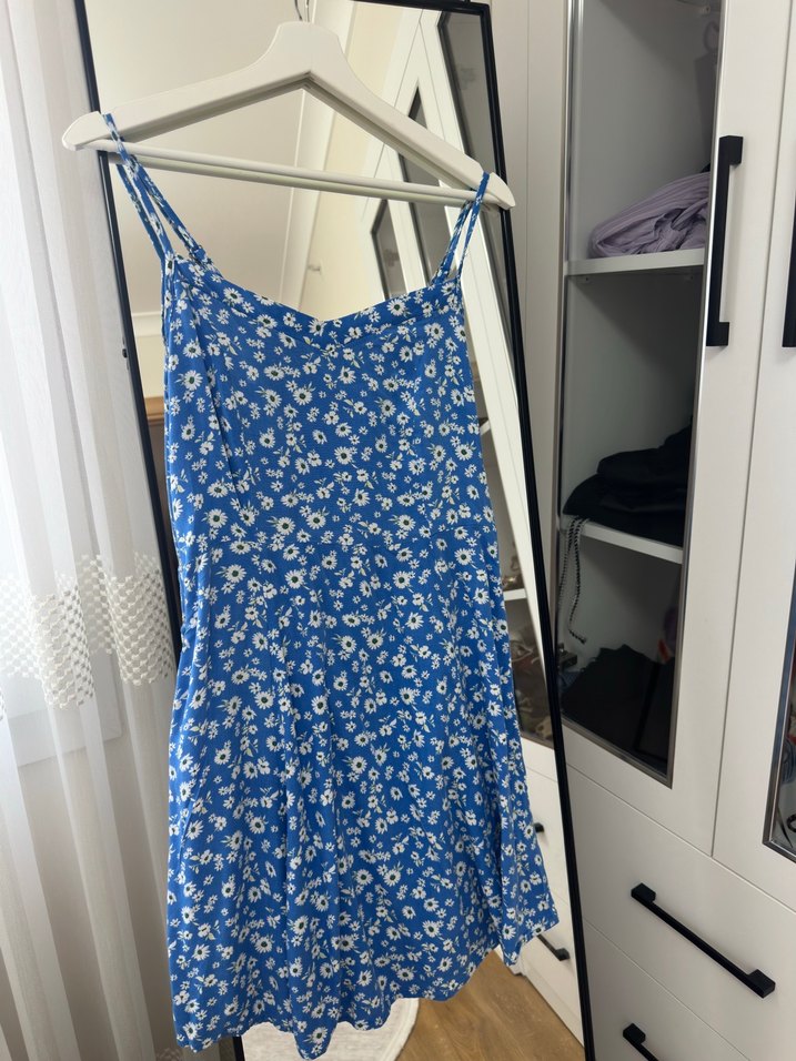 Mavi Çiçek Desenli mini Bohem Elbise - Görsel 3