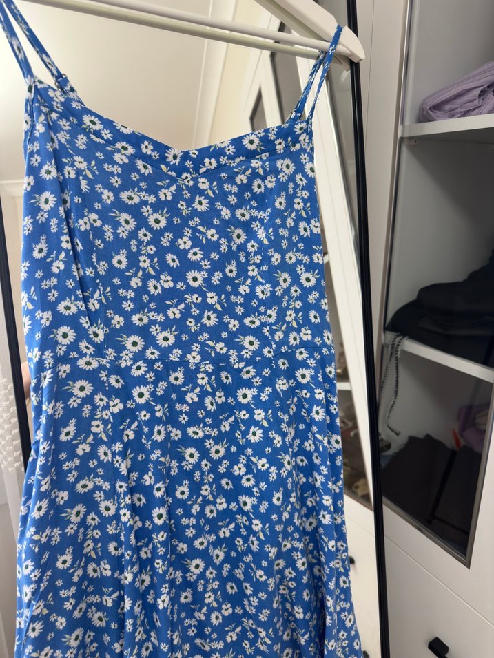 Mavi Çiçek Desenli mini Bohem Elbise - Görsel 2