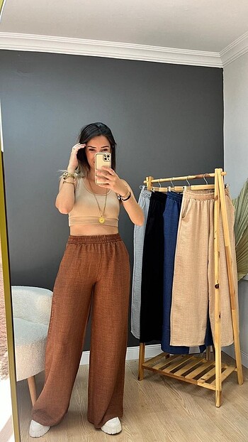 Beli lastikli keten pantolon