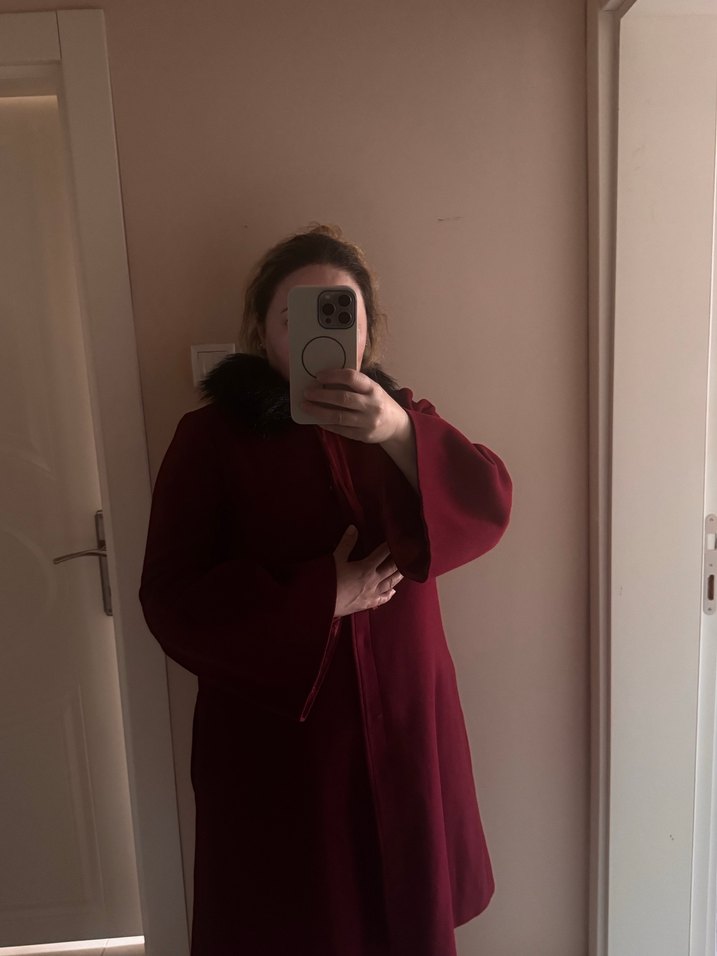 Bordo Kürklü Yaka Detaylı Bordo Kaban - Görsel 5