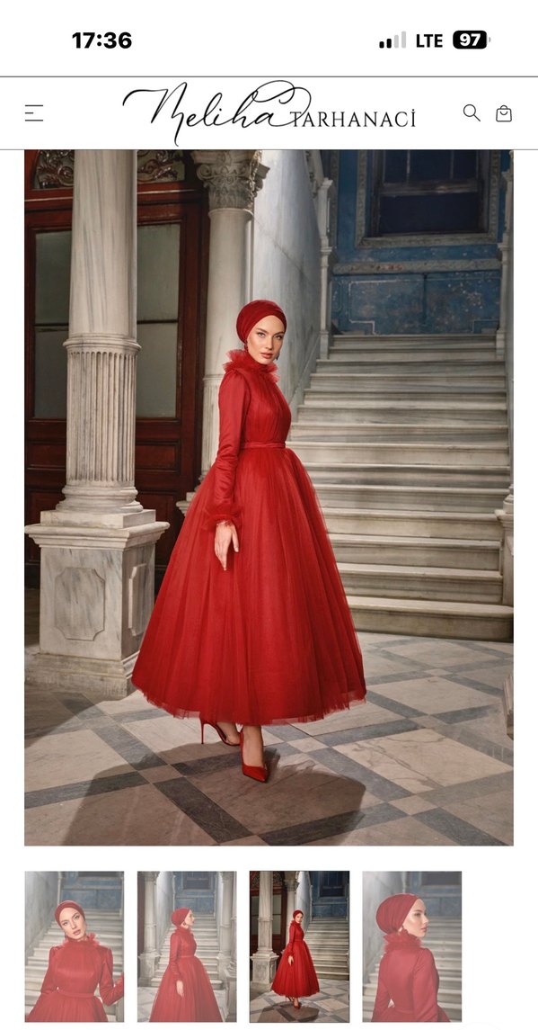 Uzun Kollu Kırmızı Vintage Abiye Elbise - Görsel 2