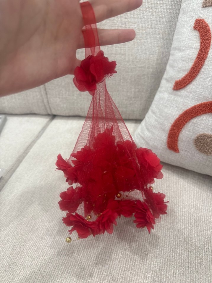 Kırmızı Püsküllü Çiçekli kına mendili - Görsel 2