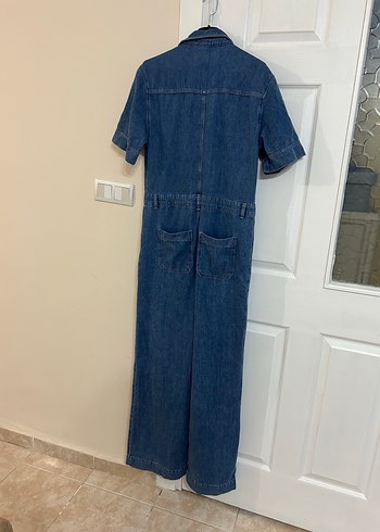 38 Beden lacivert Renk Düğmeli Kısa Kollu Lacivert Denim Tulum