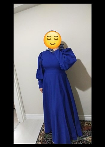 Saks Mavisi Yüksek Yakalı Uzun Salaş Abiye Tesettür