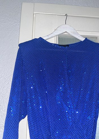 Parlak Mavi Uzun Kollu Midi Elbise - Görsel 3