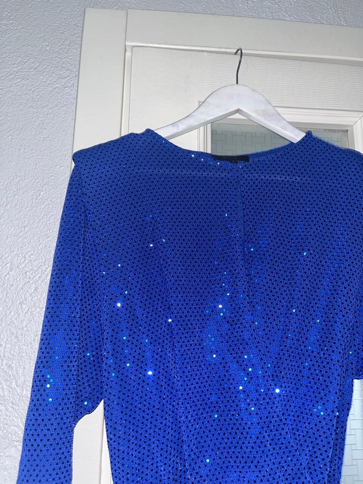 Parlak Mavi Uzun Kollu Midi Elbise - Görsel 3