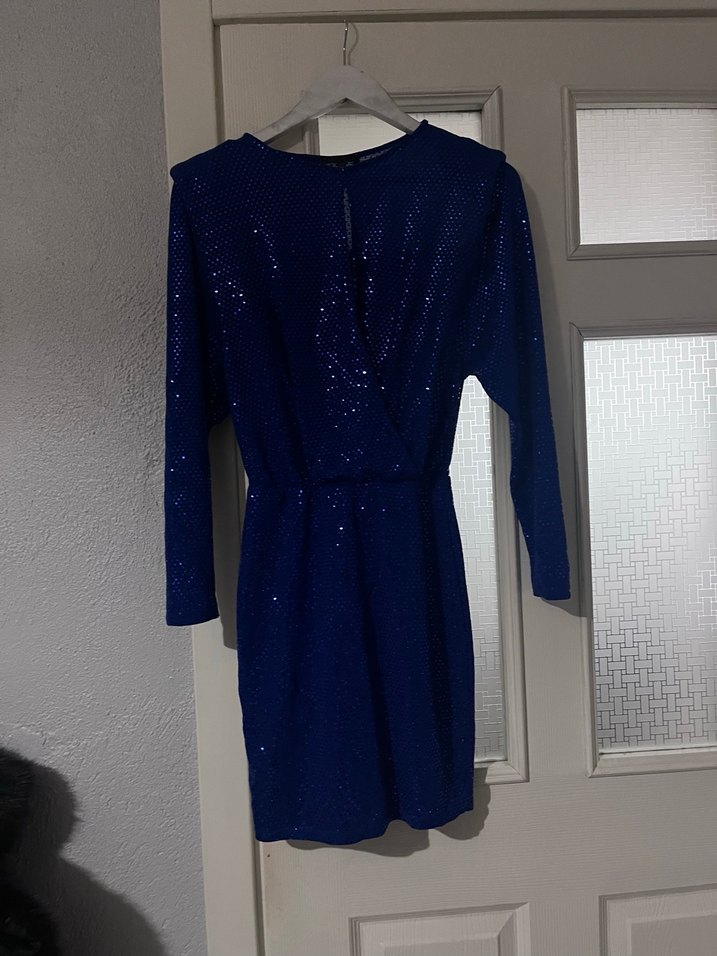 Parlak Mavi Uzun Kollu Midi Elbise - Görsel 2