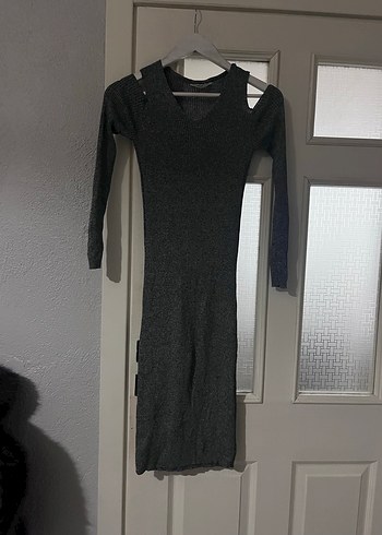 Gri Straplez Uzun Kollu Triko Elbise - Görsel 2