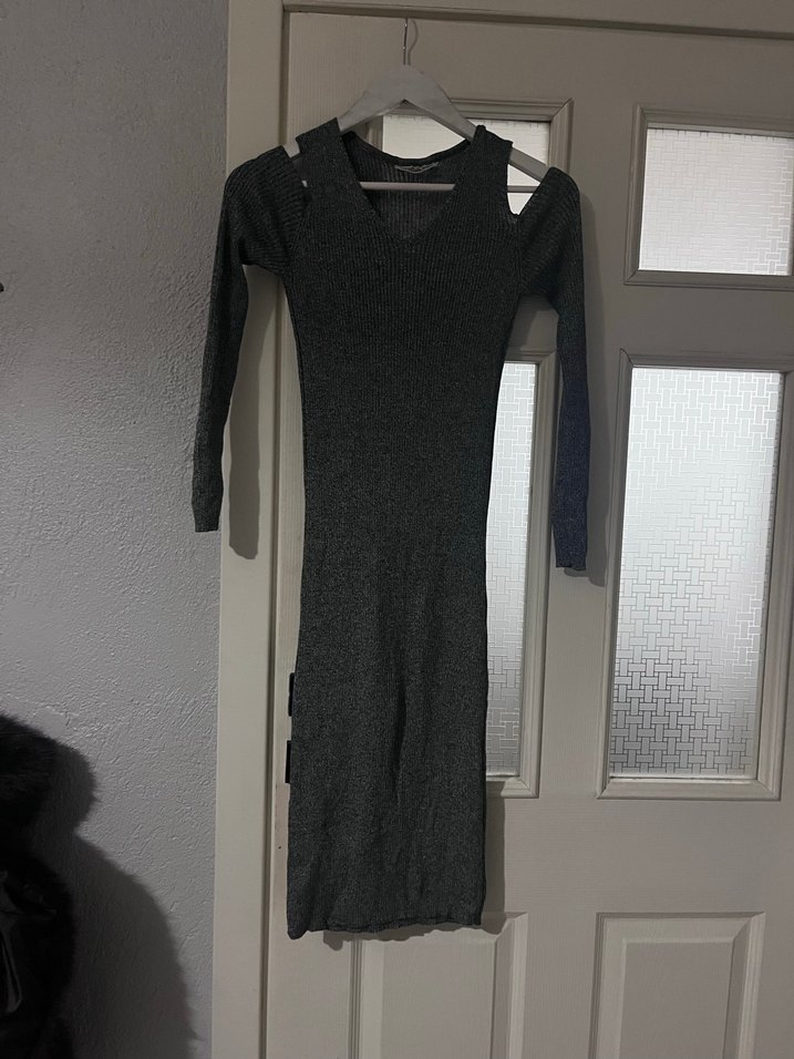 Gri Straplez Uzun Kollu Triko Elbise - Görsel 2