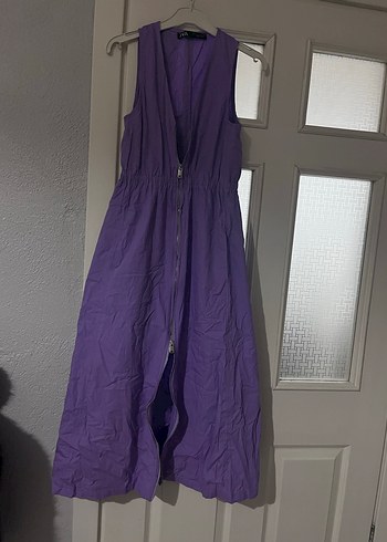 Mor, V Yakalı, Kolsuz Uzun Keten Elbise - Görsel 2