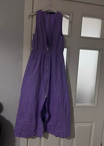 Mor, V Yakalı, Kolsuz Uzun Keten Elbise - Görsel 3