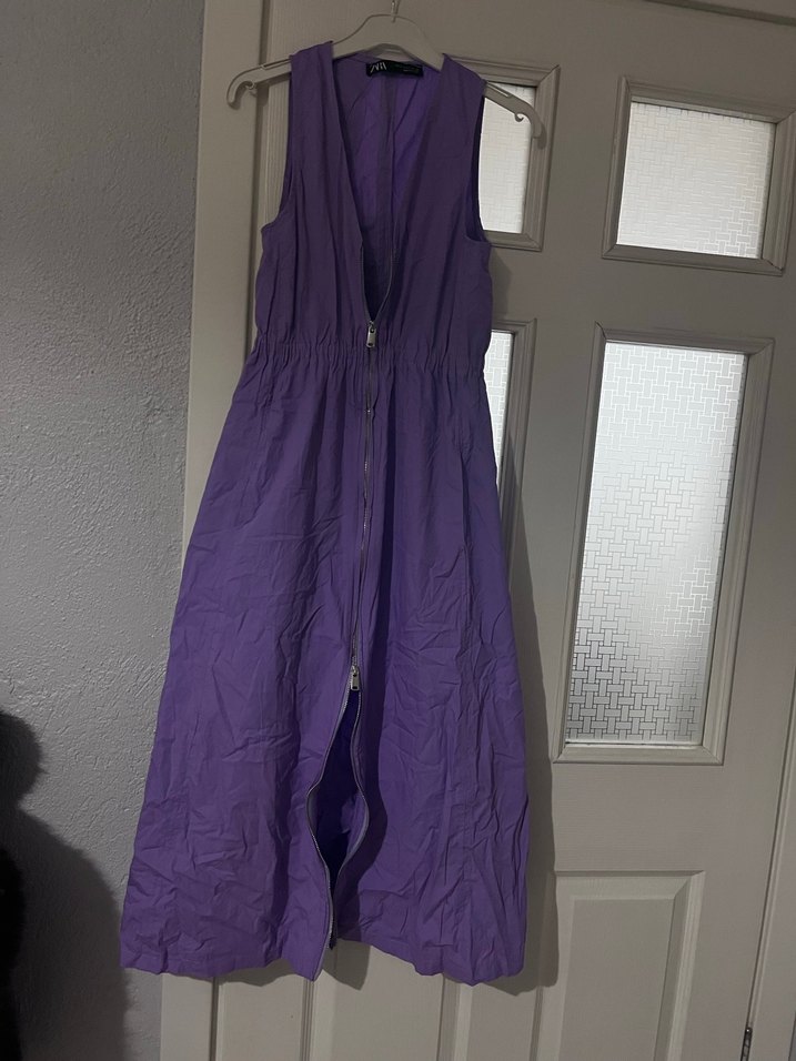 Mor, V Yakalı, Kolsuz Uzun Keten Elbise - Görsel 2