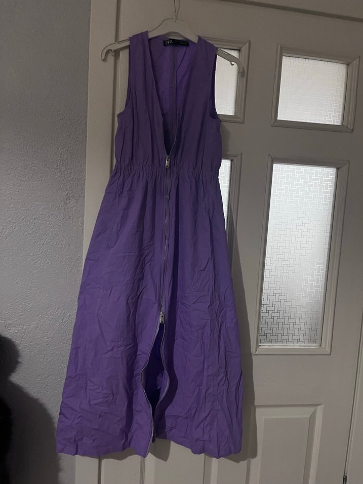 Mor, V Yakalı, Kolsuz Uzun Keten Elbise - Görsel 3