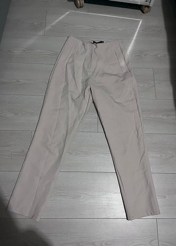 Bej Keten Kadın Pantolon Midi Boy Rahat Kesim - Görsel 2