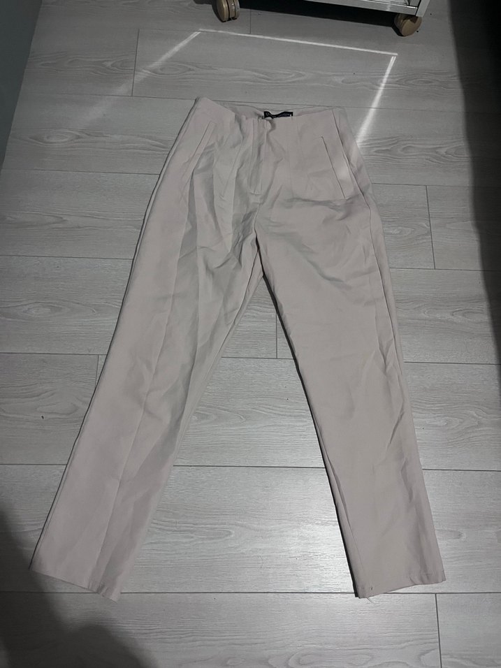 Bej Keten Kadın Pantolon Midi Boy Rahat Kesim - Görsel 2