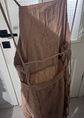 Bej Keten Midi Elbise, Salaş, Askılı - Görsel 3