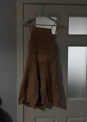 Bej Keten Midi Elbise, Salaş, Askılı - Görsel 2