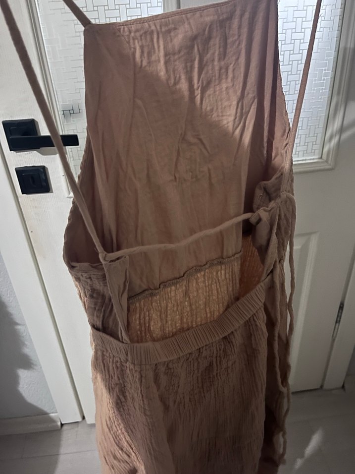 Bej Keten Midi Elbise, Salaş, Askılı - Görsel 3