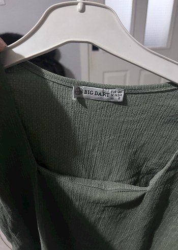 Kısa Kollu Koyu Haki Keten Bluz - Görsel 4