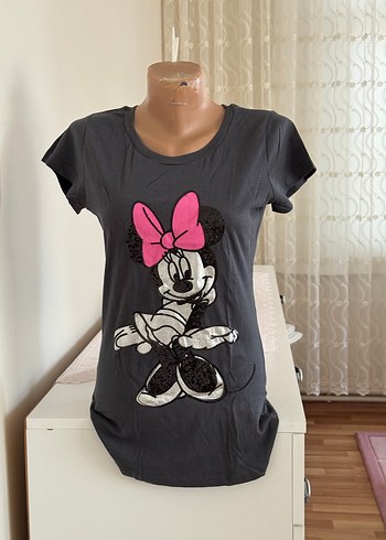 Gri Kısa Kollu Minnie Baskılı Tişört