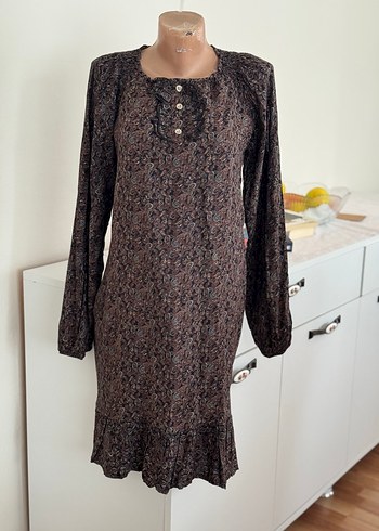 Düğmeli Uzun Kollu Kahverengi Bohem Elbise - Görsel 3