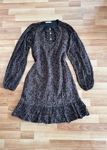 Düğmeli Uzun Kollu Kahverengi Bohem Elbise - Görsel 9