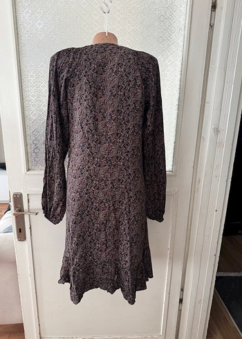 Düğmeli Uzun Kollu Kahverengi Bohem Elbise - Görsel 4