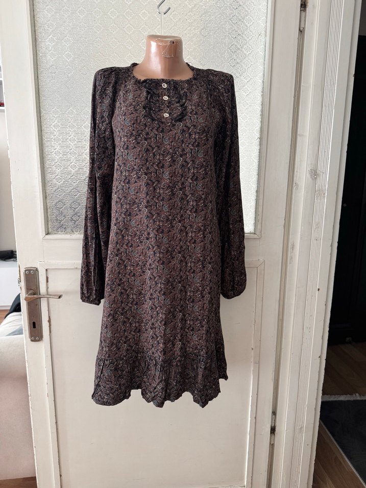 Düğmeli Uzun Kollu Kahverengi Bohem Elbise - Görsel 2