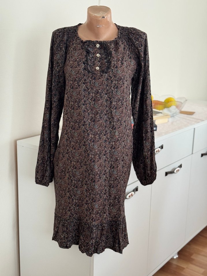 Düğmeli Uzun Kollu Kahverengi Bohem Elbise - Görsel 3