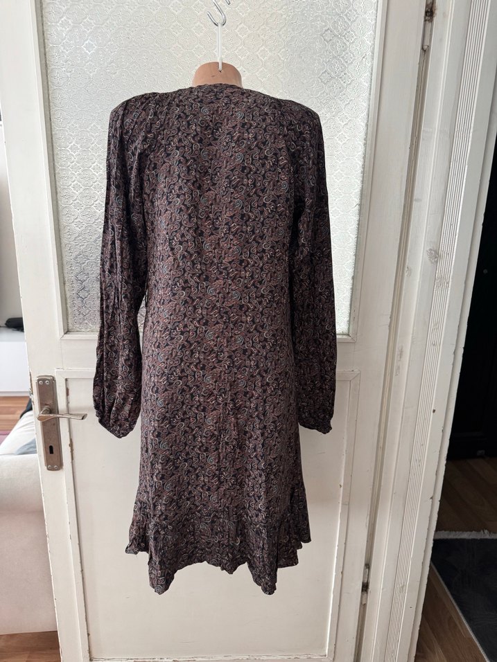 Düğmeli Uzun Kollu Kahverengi Bohem Elbise - Görsel 4