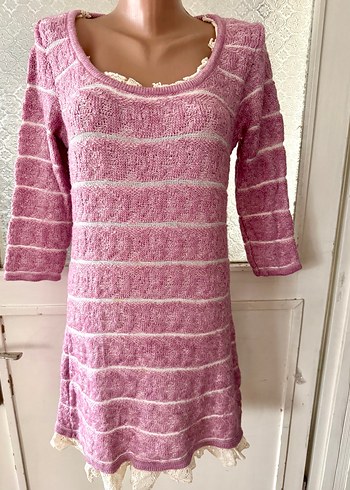 36/38 Dantel Detaylı lila yarım Kollu Triko Elbise - Görsel 6