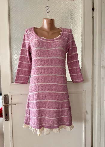 36/38 Dantel Detaylı lila yarım Kollu Triko Elbise - Görsel 5