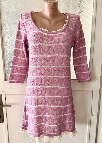 36/38 Dantel Detaylı lila yarım Kollu Triko Elbise - Görsel 4