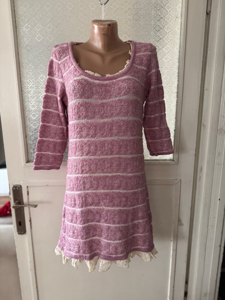 36/38 Dantel Detaylı lila yarım Kollu Triko Elbise - Görsel 3