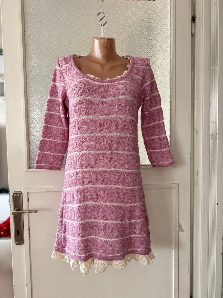 36/38 Dantel Detaylı lila yarım Kollu Triko Elbise - Görsel 5