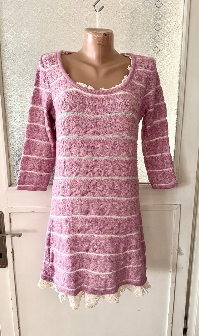 36/38 Dantel Detaylı lila yarım Kollu Triko Elbise - Görsel 4