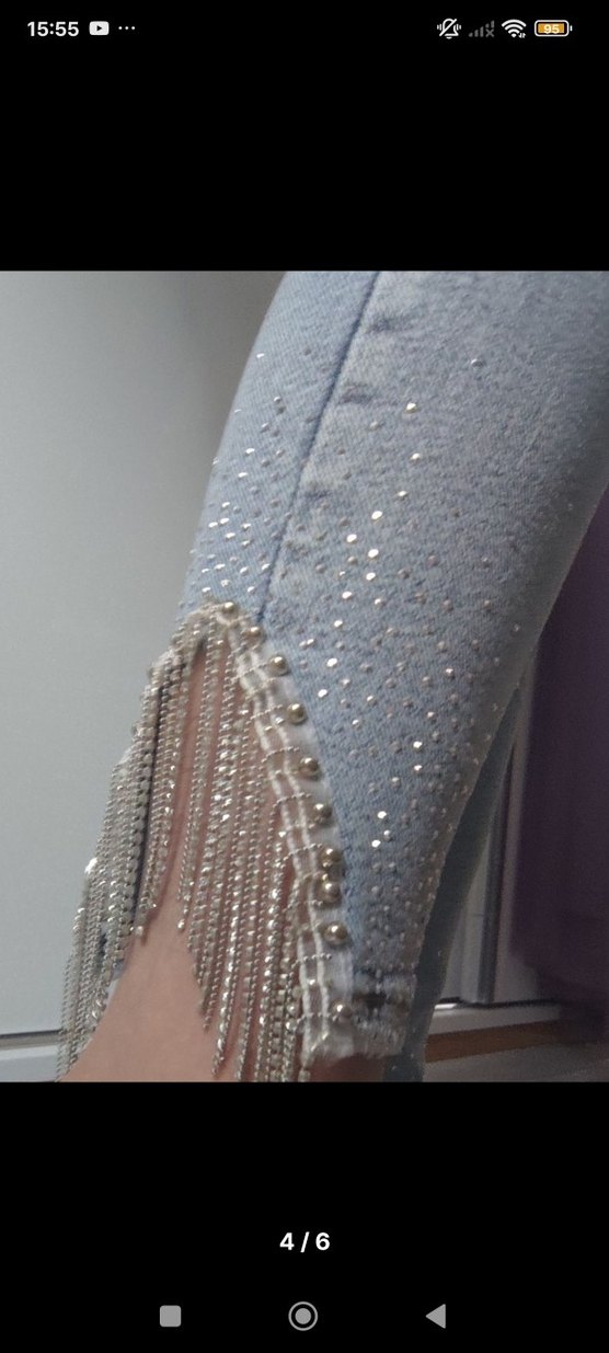 İşlemeli ve Payetli Mavi Kadın Kot Pantolon - Görsel 4