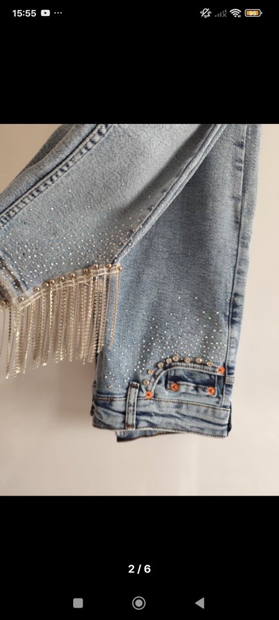 İşlemeli ve Payetli Mavi Kadın Kot Pantolon - Görsel 2