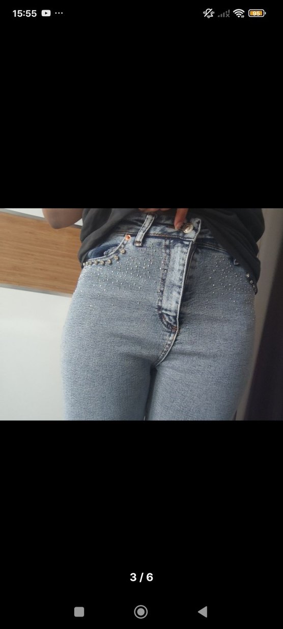 İşlemeli ve Payetli Mavi Kadın Kot Pantolon - Görsel 3